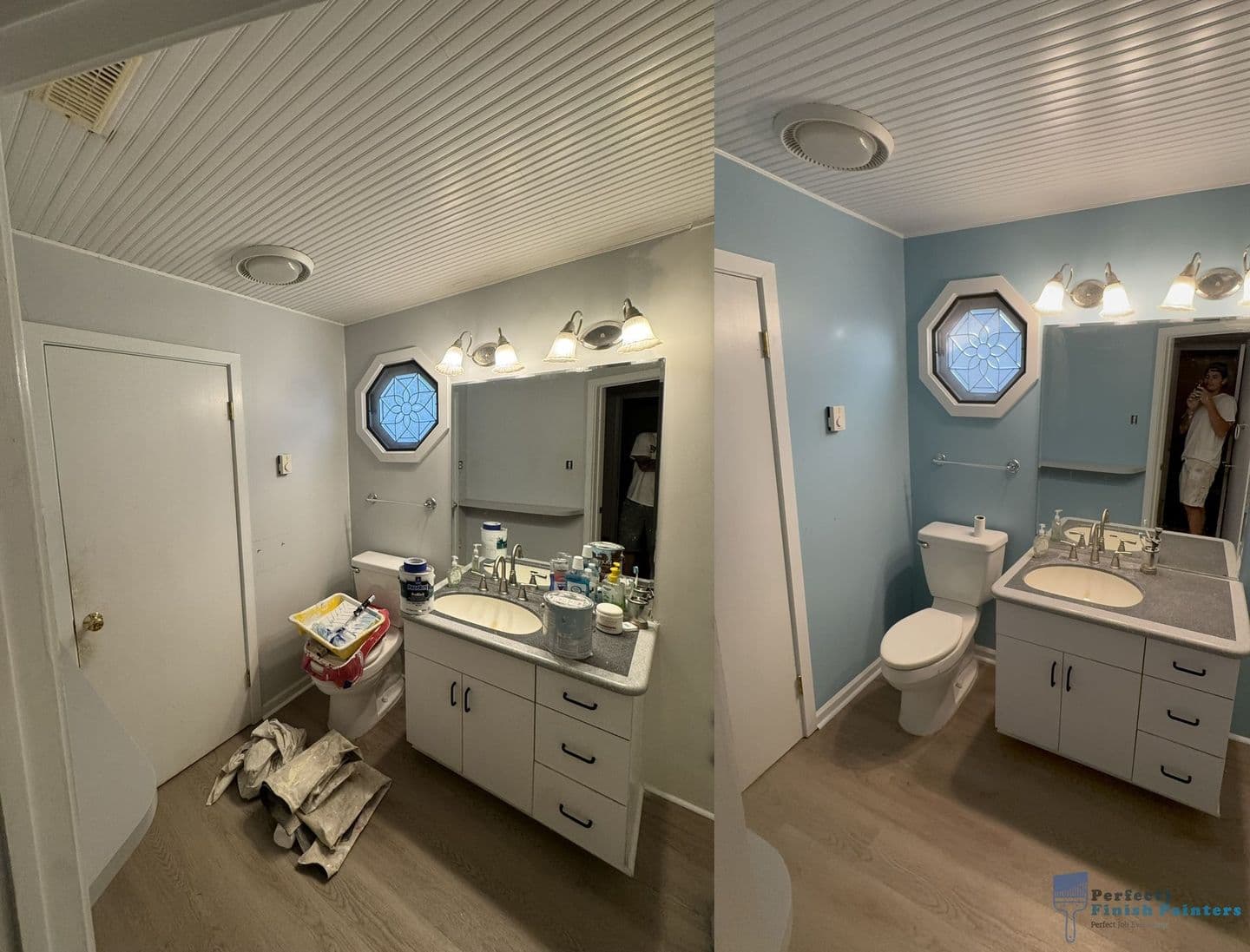 Before-and-after image of a bathroom with walls repainted from white to light blue, showing a cluttered state on the left and a clean, updated space on the right with an octagonal window and white vanity.