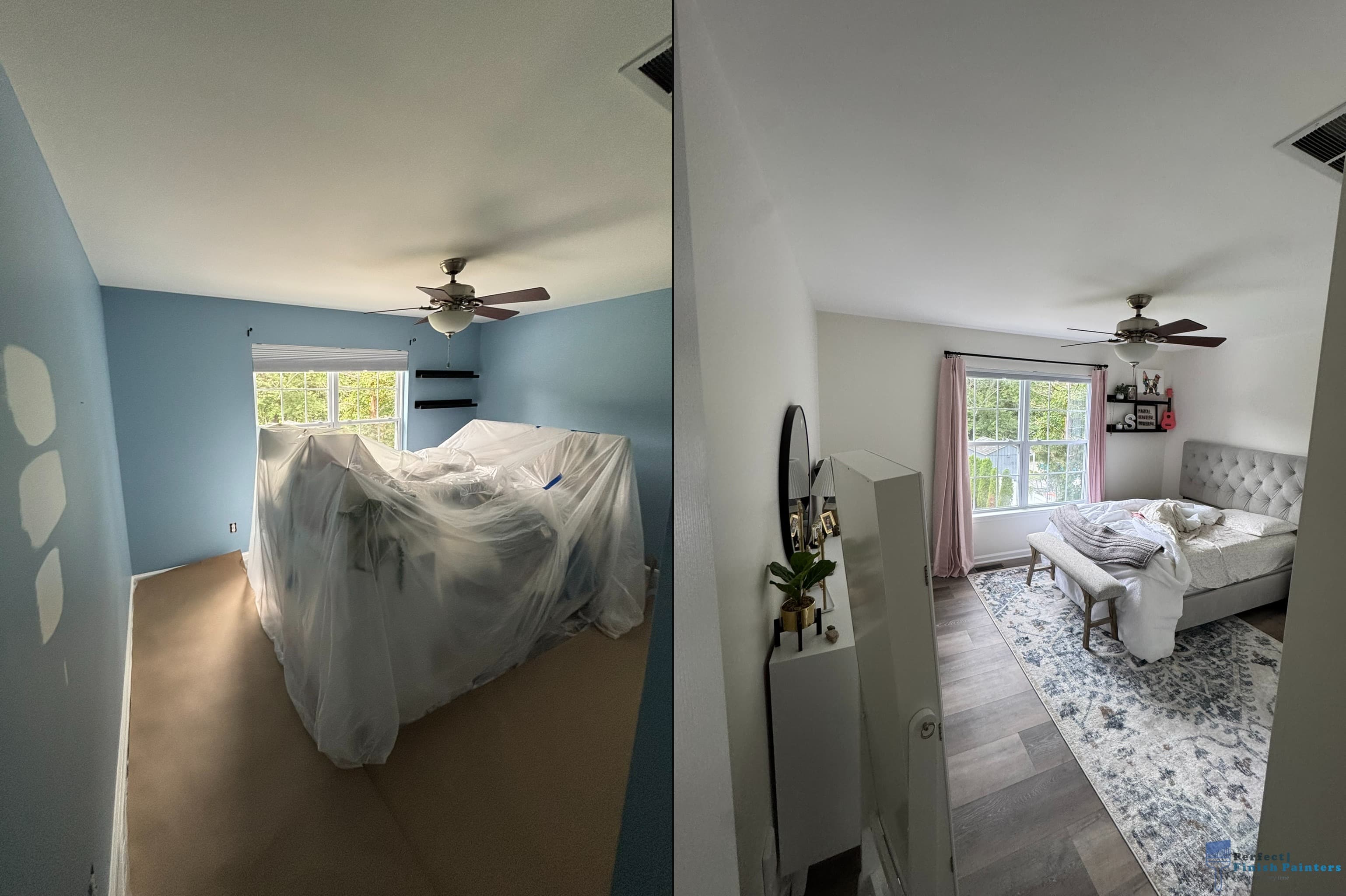Bedroom repaint from blue to white before and after in Pleasantville NJ