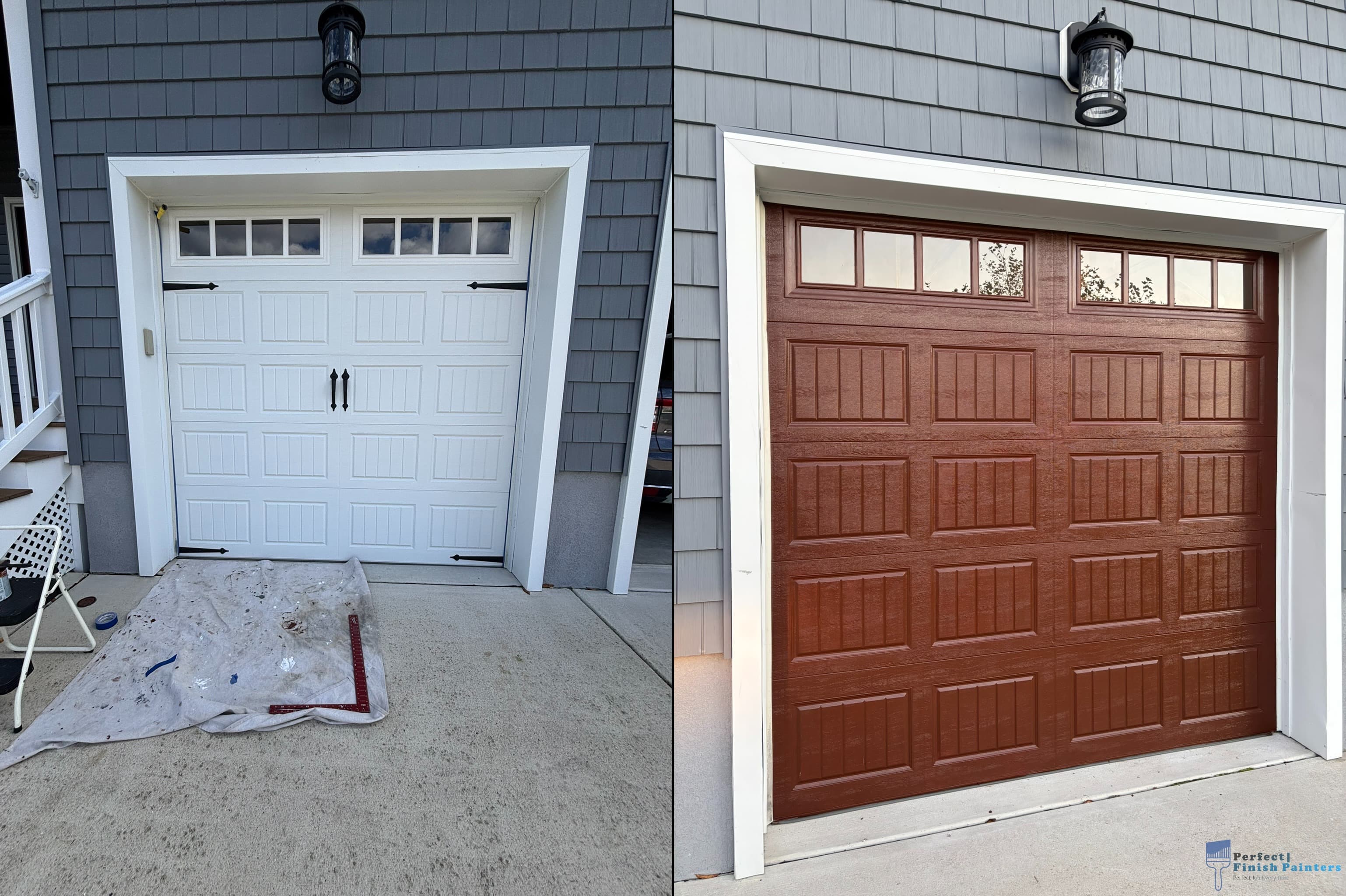 Garage door painting with wood stain finish before and after in Brigantine NJ