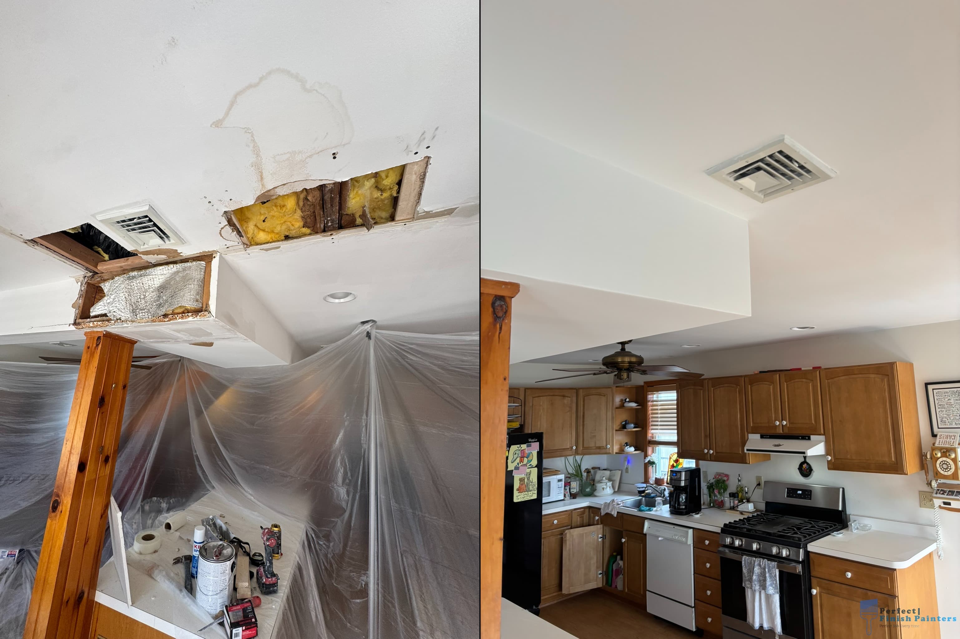 Kitchen ceiling water damage drywall repair before and after in Galloway NJ