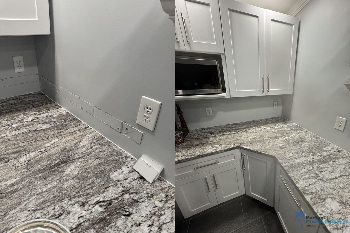 Split image showing white painted kitchen cabinets, light gray walls, and marble-patterned countertops with electrical outlets and a built-in microwave.