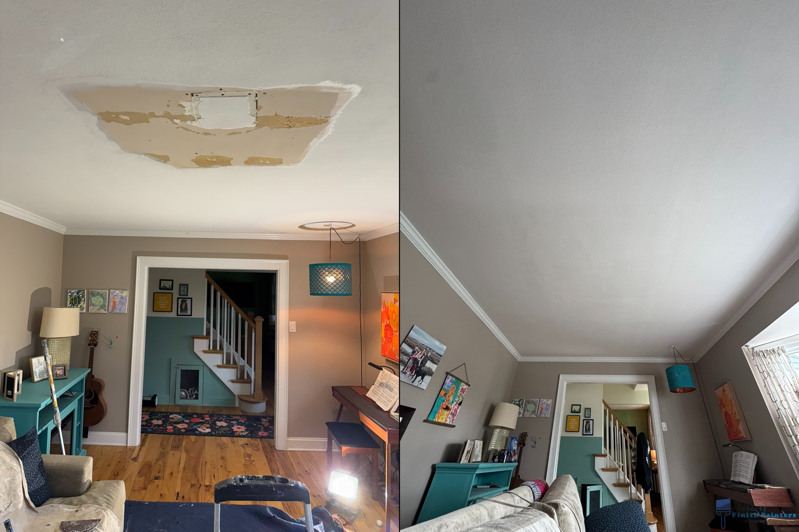 Living room ceiling drywall repair before and after in Absecon NJ