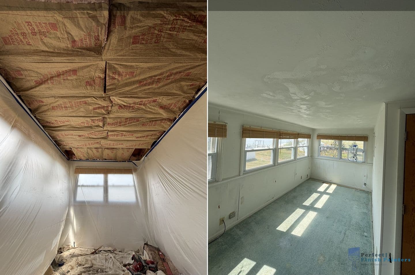Before-and-after view of a room where the left side shows a ceiling covered in brown textured material with protective plastic sheeting on walls and floor, and the right side displays a smooth white painted ceiling in an empty room with green carpet and window blinds.